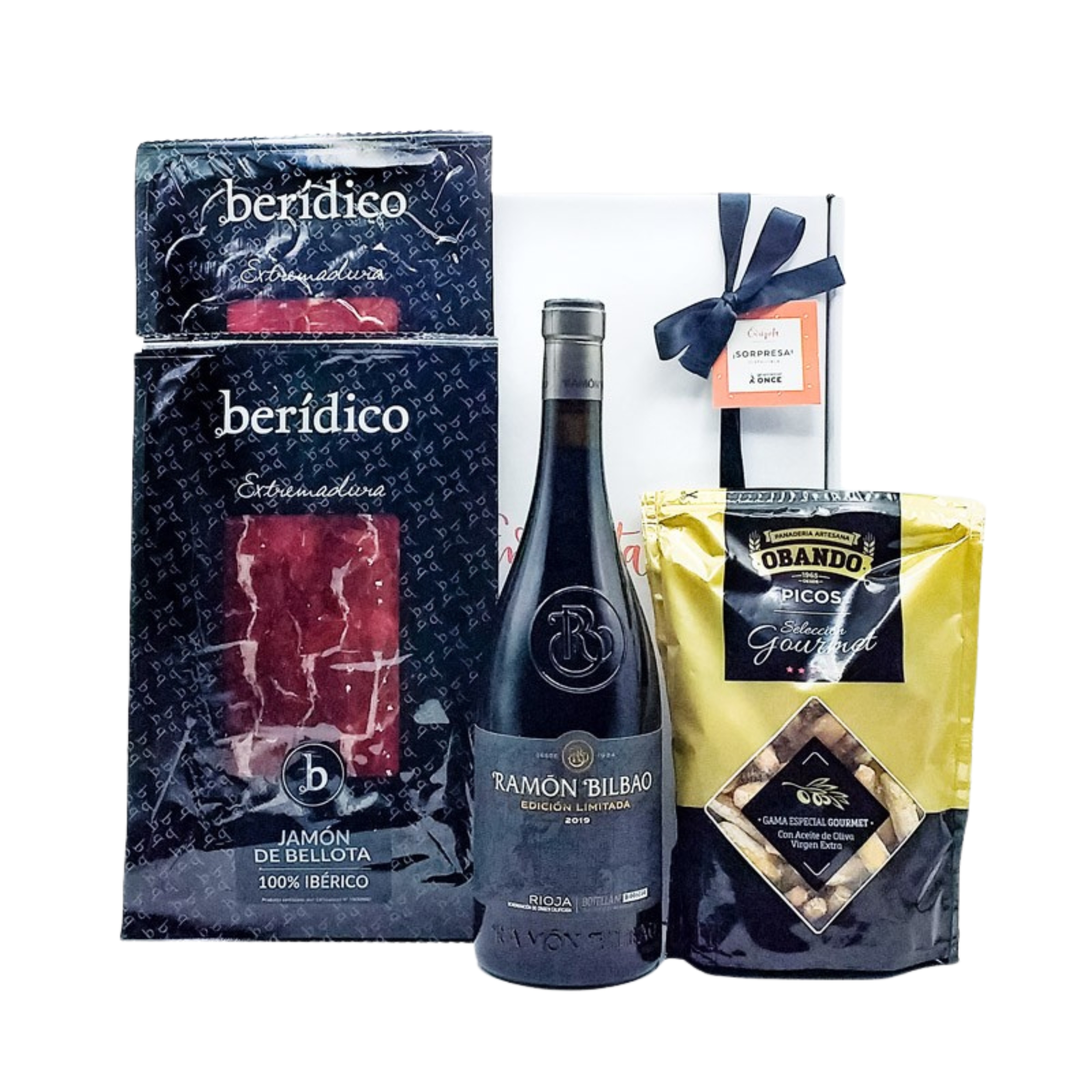 Imagen de cesta blanca con lazo negro, con vino de la marca Ramón Bilbao, bolsa de picos gourmet de la marca Obando, sobre de lomo y jamón ibérico de la marca Berídico image number null